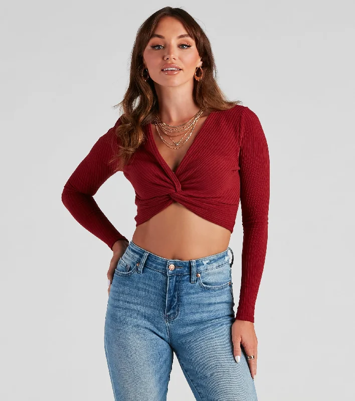 Ribbed long-sleeve crop top for women with snug fit and trendy style-Trendy Twist-Front Ribbed Knit Crop Top