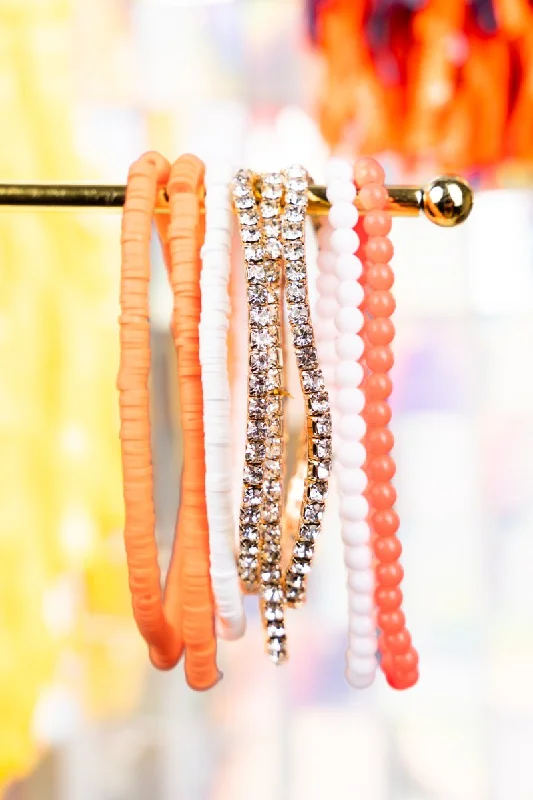 Bracelets with black diamond for bold edge -Own The Game Orange and White Beaded Bracelet Set