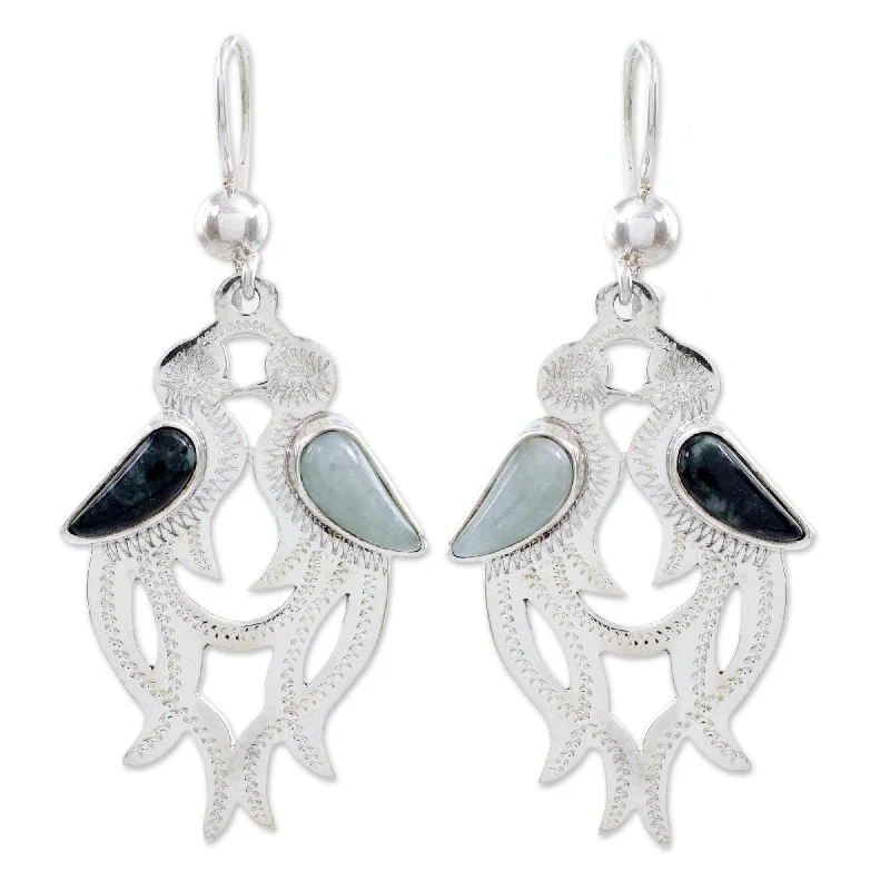 Drop Earrings for Mother's Day -Handmade Sterling Silver 'Quetzal in Love' Jade Earrings (Guatemala) - 1.9L*0.8W