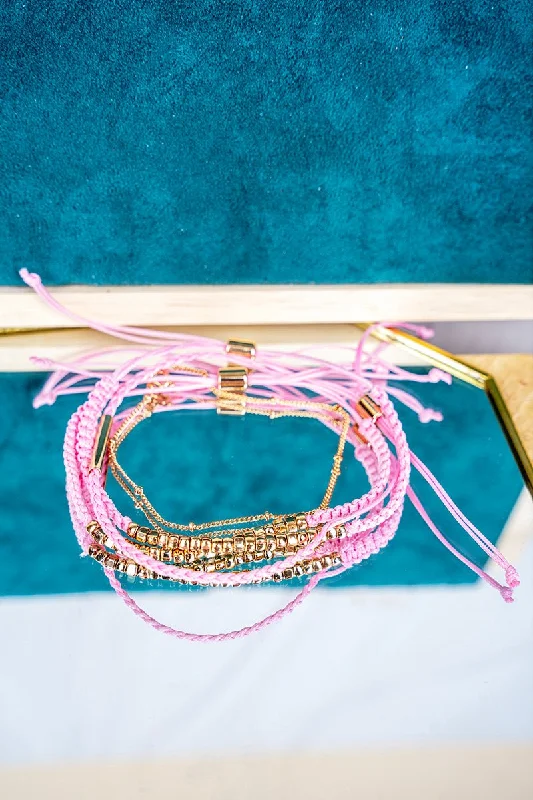 Bangles with mandala engravings for mindfulness -Crystal Avenue The Everly Light Rose & Goldtone Beaded Cord Bracelet Set