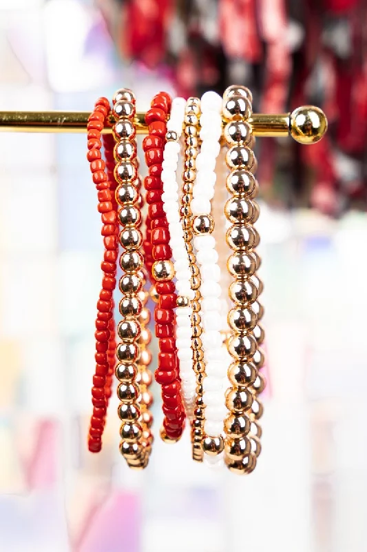 Stackable bangles with colorful enamel finishes -Expect Victory Red and White Beaded Bracelet Set