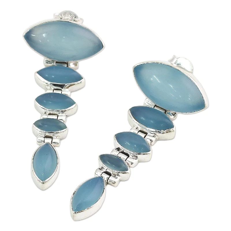 Silver Drop Earrings for Men -Handmade Sterling Silver India Blue Chalcedony Dangle Earrings (India)