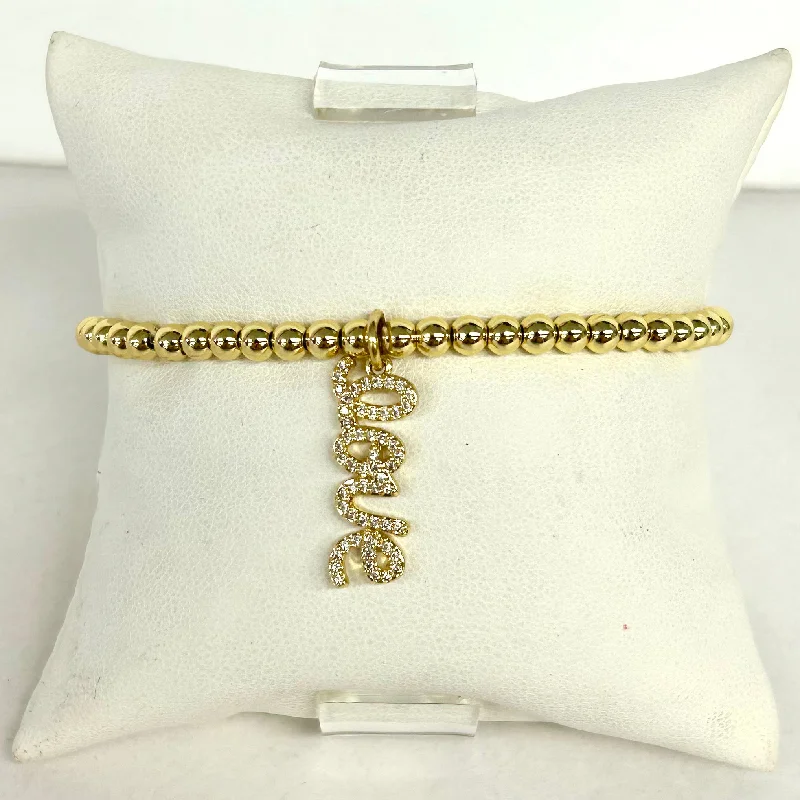 Bangles with chunky designs for statement wear -Gold Beaded "Love" Stretch Bracelet