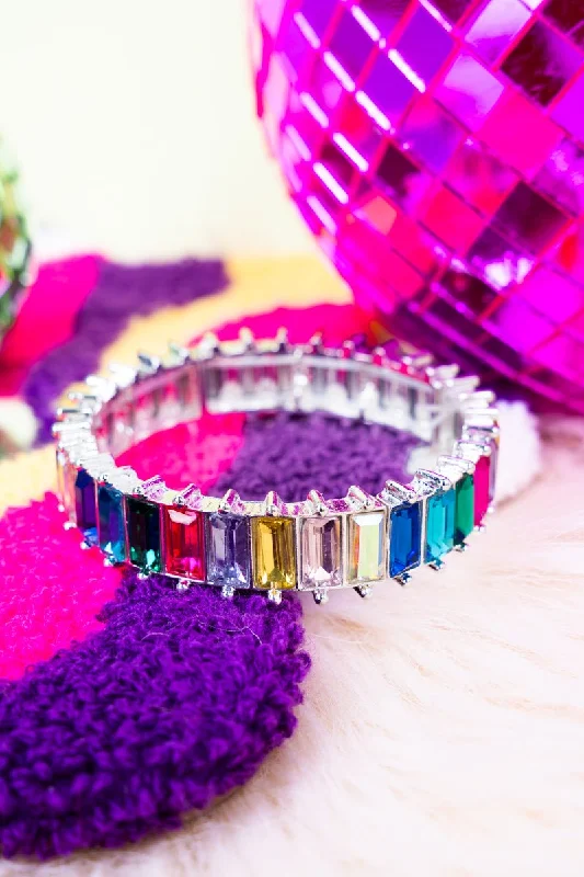 Bangles with rainbow moonstone for color play -Jazzy Jewel Tone Silvertone Stretch Bracelet