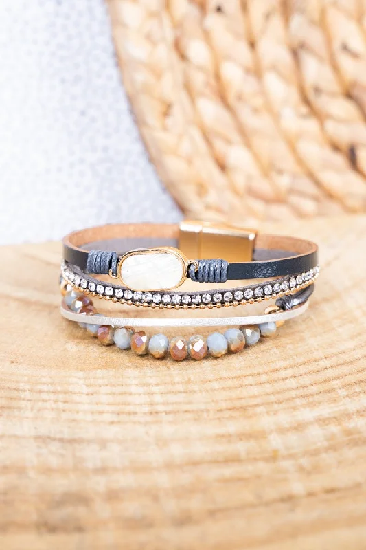 Silver bangles with polished mirror finish shine -Viola Sienna Gray Blue Multi-Strand Magnetic Bracelet