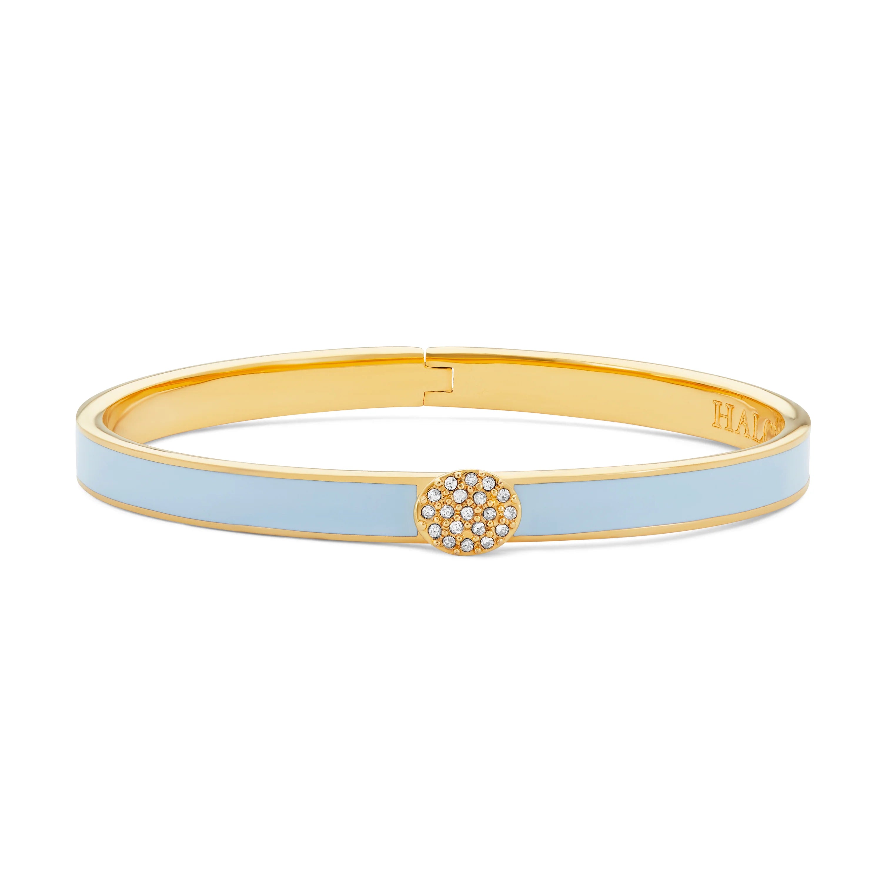 Bangles with topaz gems for icy blue -HALCYON DAYS 18K YELLOW GOLD PLATED 6MM SKINNY PAVE BUTTON FORGET-ME-NOT ENAMELED BANGLE BRACELET