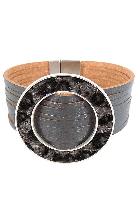 Bracelets with knot accents for symbolic charm -Viola Gray Faux Leather Gray Leopard Ring Multi-Strand Magnetic Bracelet