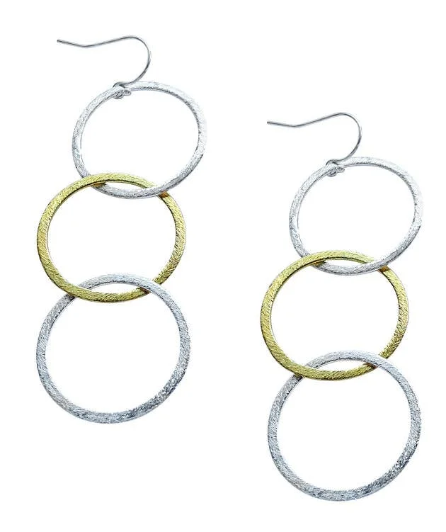 Drop Earrings with Matte Finish -Sterling And Gold Triple Circle Etched Earrings