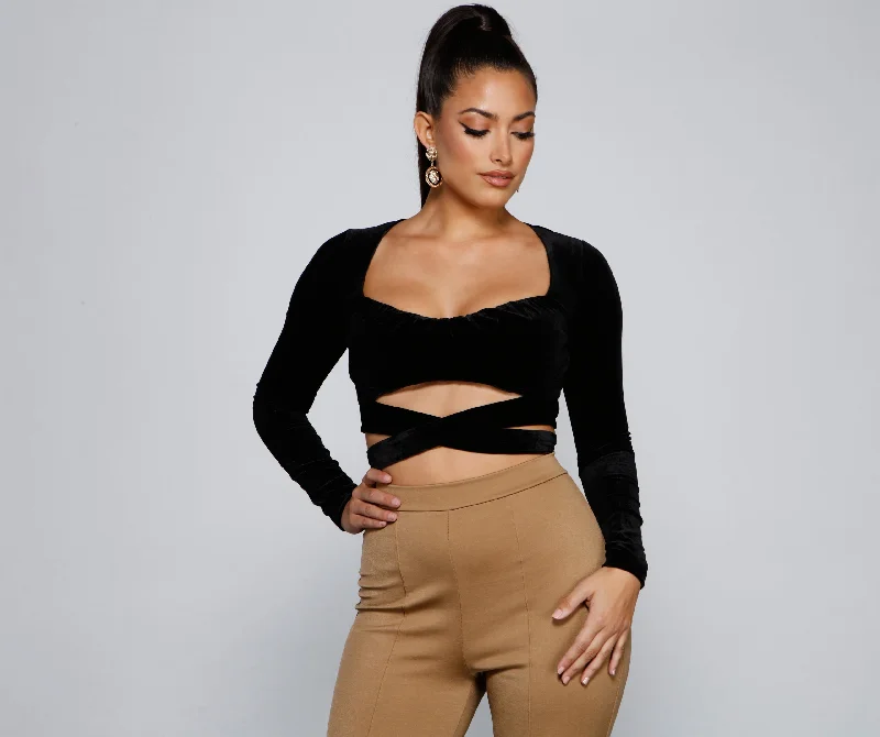 Cropped v-neck blouse for women with flowy sleeves and airy feel-A Trendy Look Velvet Crop Top