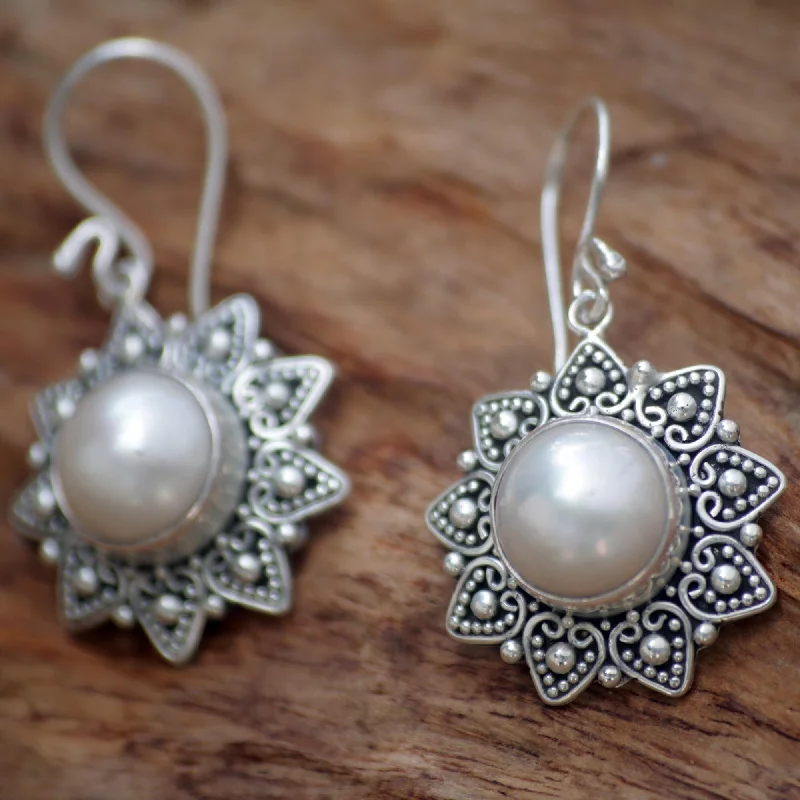 Gemstone and Diamond Drop Earrings for Opulence -Handmade Sterling Silver 'Melati Hearts' Pearl Earrings (11 mm) (Indonesia) - Clear/White - 1.6*0.9