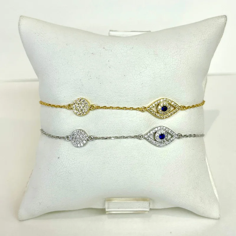 Bangles with aventurine gems for green luck -CZ Evil Eye And Pave Disk Bracelet