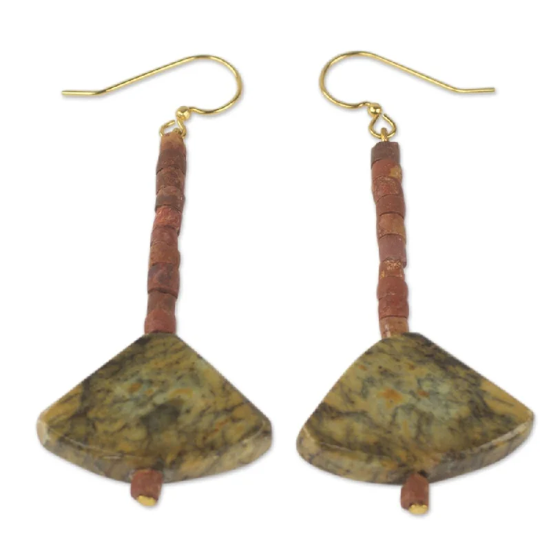 Drop Earrings with Keyhole Designs -Handcrafted Soapstone Bauxite 'Bells of Ghana' Earrings (Ghana) - 2.6*1