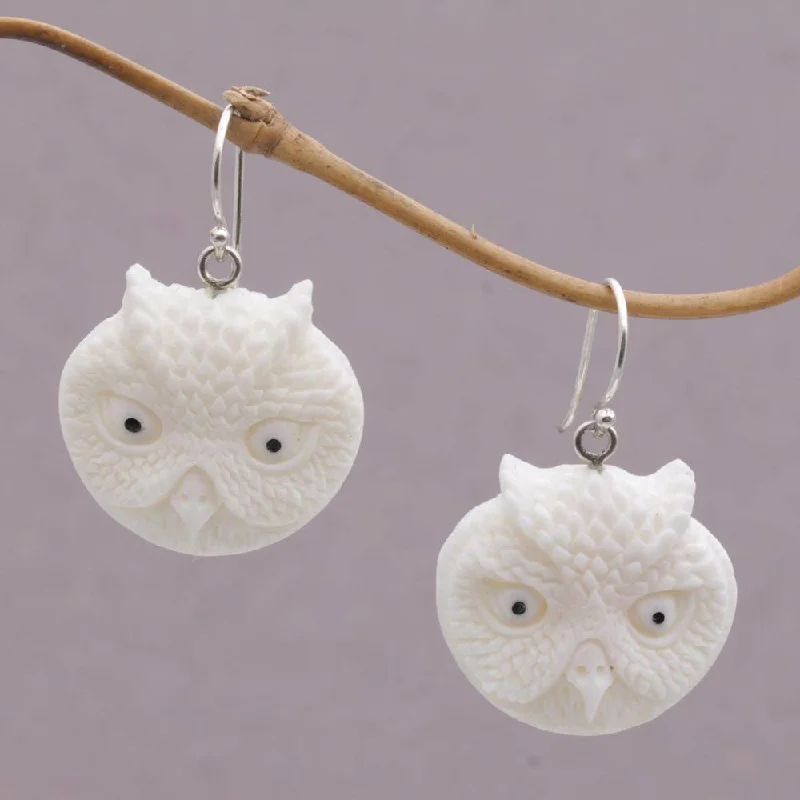 Drop Earrings for Birthday Celebration -Handmade Sterling Silver 'Owl Faces' Earrings (Indonesia) - White - 1.5*1