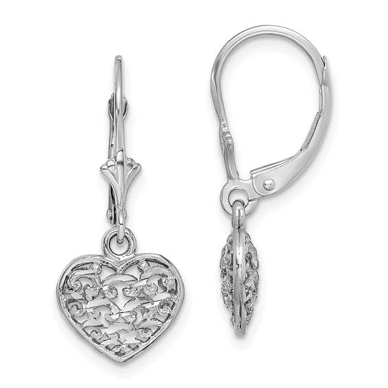 Drop Earrings for Graduation Day -Diamond Cut Heart Design Dangle Earrings - 14kt White Gold