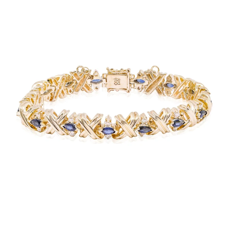 Bangles with personalized initial charm engravings -ESTATE 14K YELLOW GOLD SAPPHIRE DIAMOND BRACELET