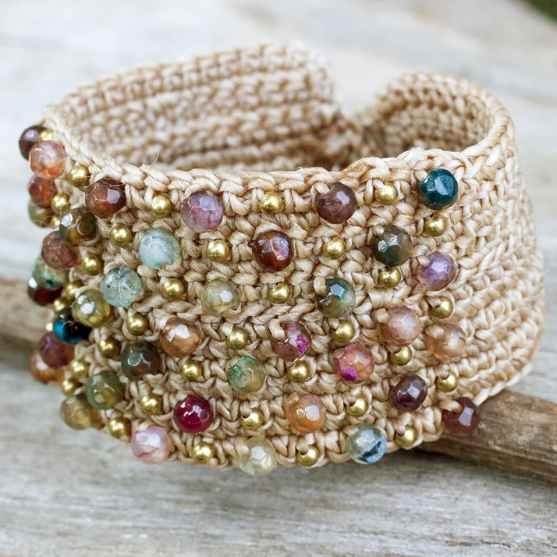 Bangles with herkimer diamonds for raw clarity -Life in Pai Hand Crocheted Wristband Bracelet with Multi Color Agates