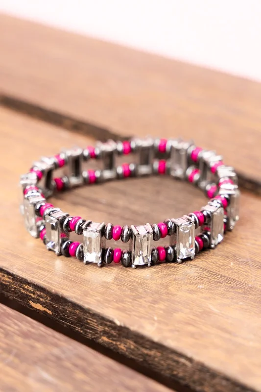 Bangles with peacock ore for iridescent glow -SALE! Fuchsia York Town Silvertone Beaded Bracelet Set