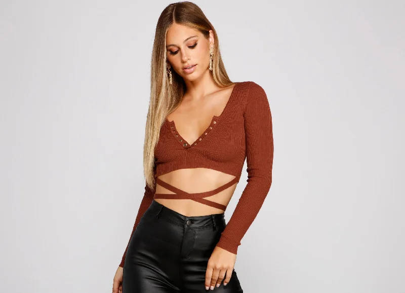 Wide sleeve crop top for women with airy fabric and stylish silhouette-Sultry Basic Ribbed Knit Crop Top