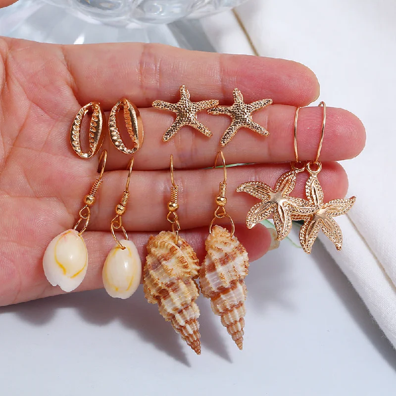 Drop Earrings for Casual Outfit -Wholesale Creative Starfish Natural Conch Earrings Five Pairs of Earrings and Studs