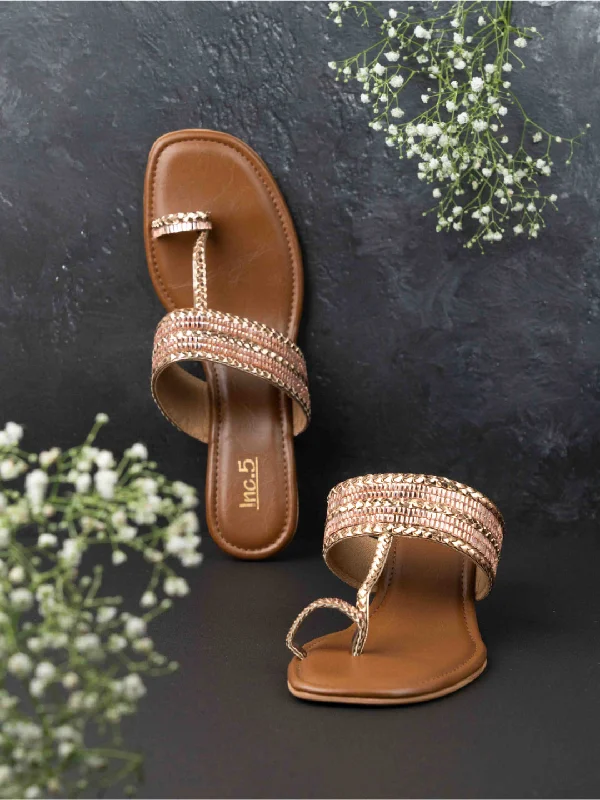 Comfortable sandals for women with cross-over straps and padded footbed for support-Womens Rose Gold Ethnic Embellished Round Toe Heels