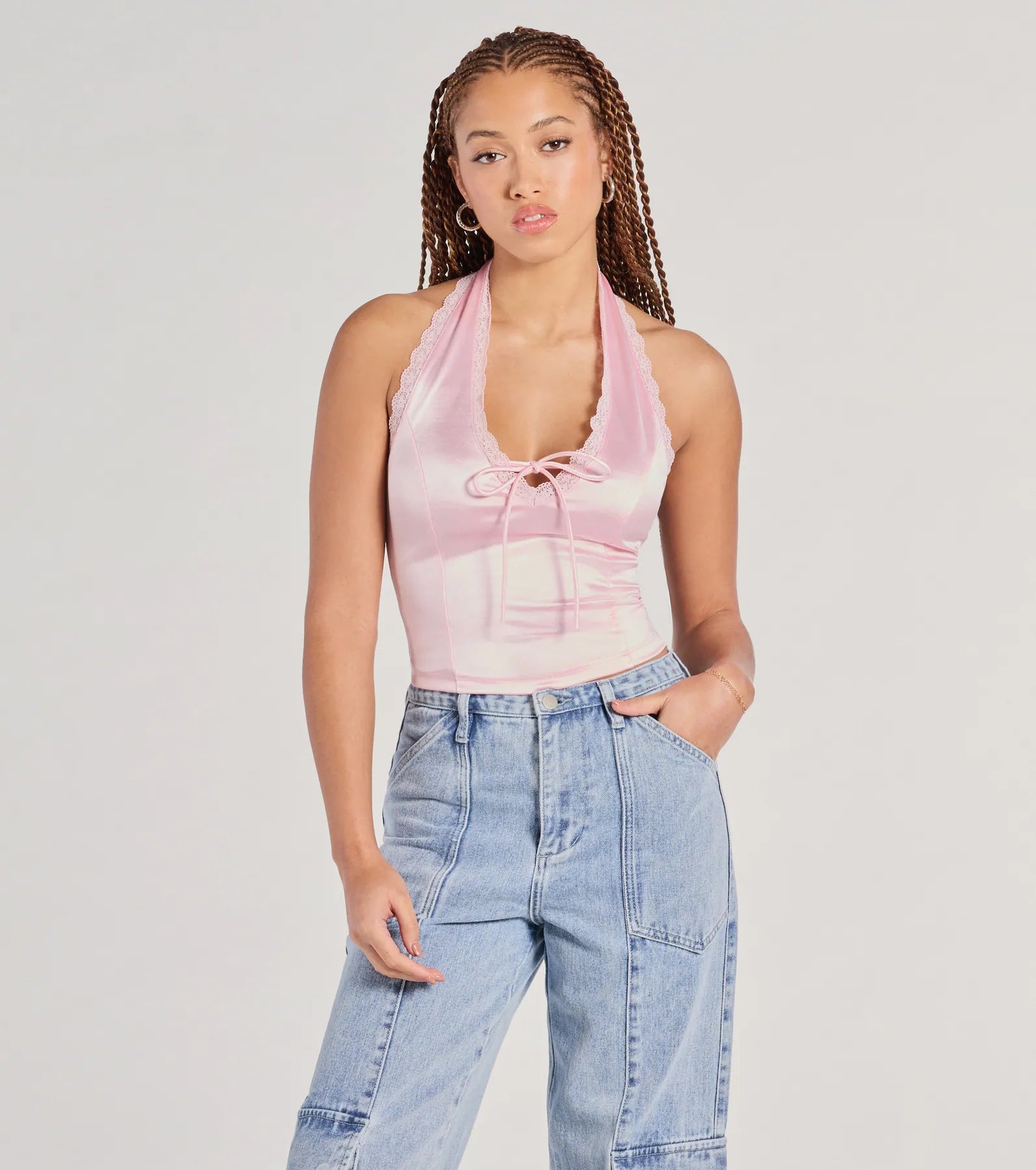 Boxy crop top for women with square cut and casual vibe-Lace Be Real Halter Satin Crop Top