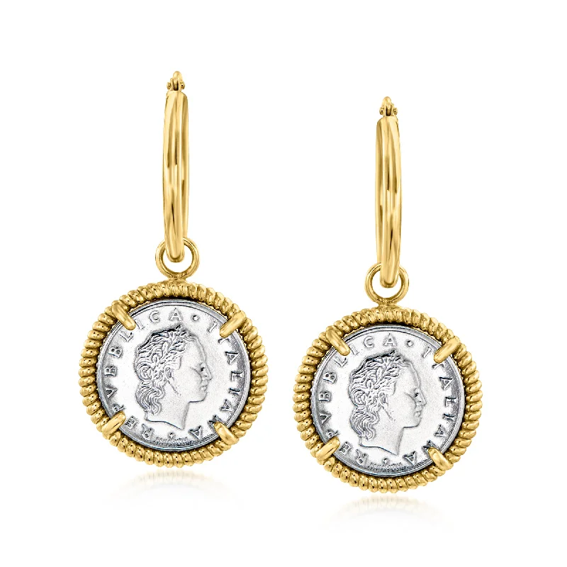 Small Drop Earrings for Delicate -Ross-Simons Italian Genuine 50-Lira Coin Hoop Drop Earrings in 18kt Gold Over Sterling