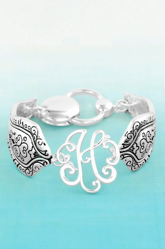 Bangles with polished onyx for bold sleekness -SALE! Silvertone 'H' Flourish Initial Spoon Bracelet