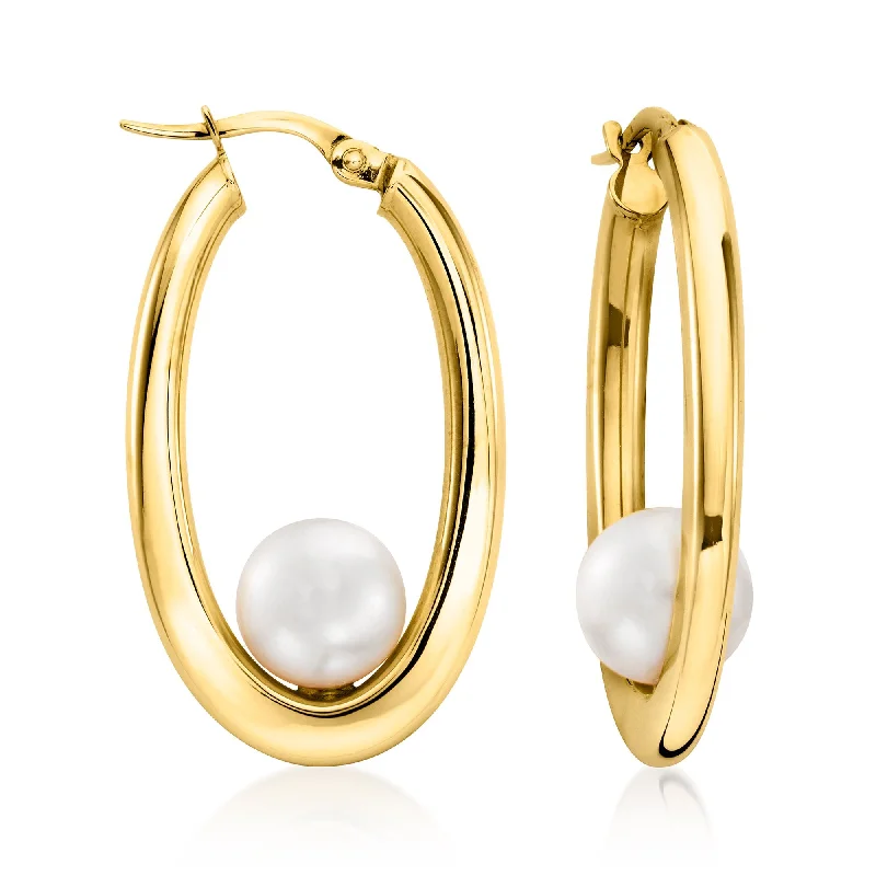 Drop Earrings for Formal Attire -Ross-Simons Italian 8-8.5mm Cultured Pearl Hoop Earrings in 14kt Yellow Gold