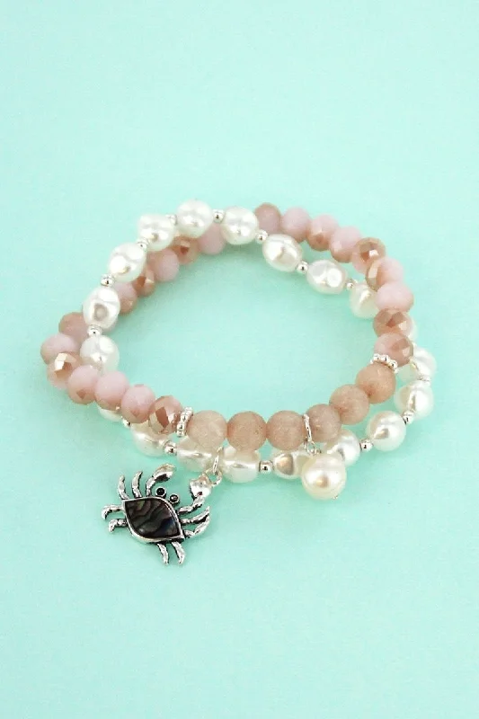 Bracelets with leather wrap for edgy look -SALE! Abalone Crab Charm Pearl and Peach Beaded Bracelet Set