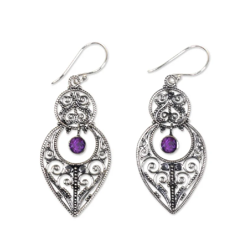 Drop Earrings with Chevron Designs -Handmade Majapahit Glory Sterling Silver Amethyst Earrings (Indonesia) - 2.2*0.9