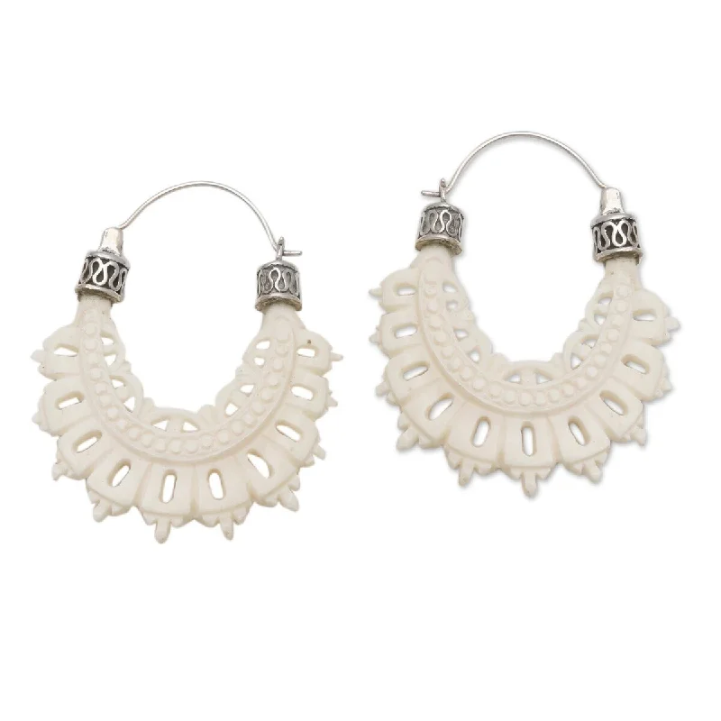 Drop Earrings with Knot Designs -NOVICA Semarapura Lace, Bone and sterling silver hoop earrings - 2*0.2