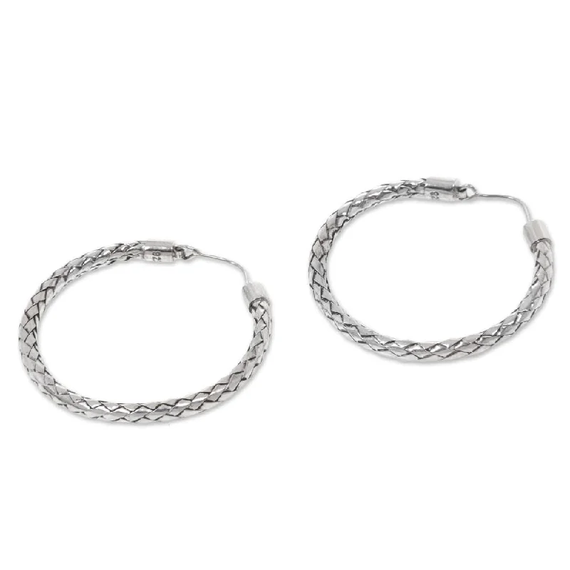 Gothic Drop Earrings with Dark Tone -NOVICA Sterling Silver Hoop Earrings, 'Pandan Weaving' (Indonesia) - 1.5*0.5