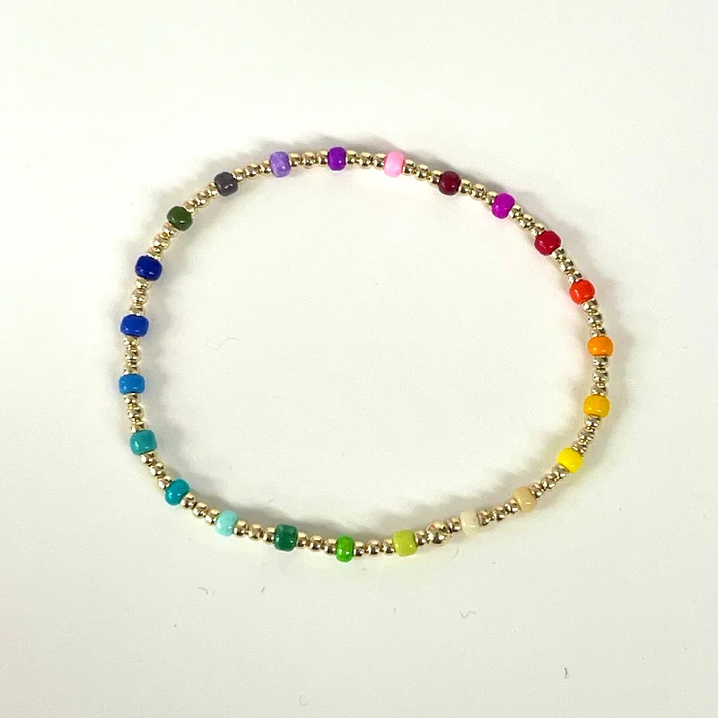 Bracelets with sunstone gems for fiery shine -Gold Filled And Rainbow Beaded Stretch Bracelet