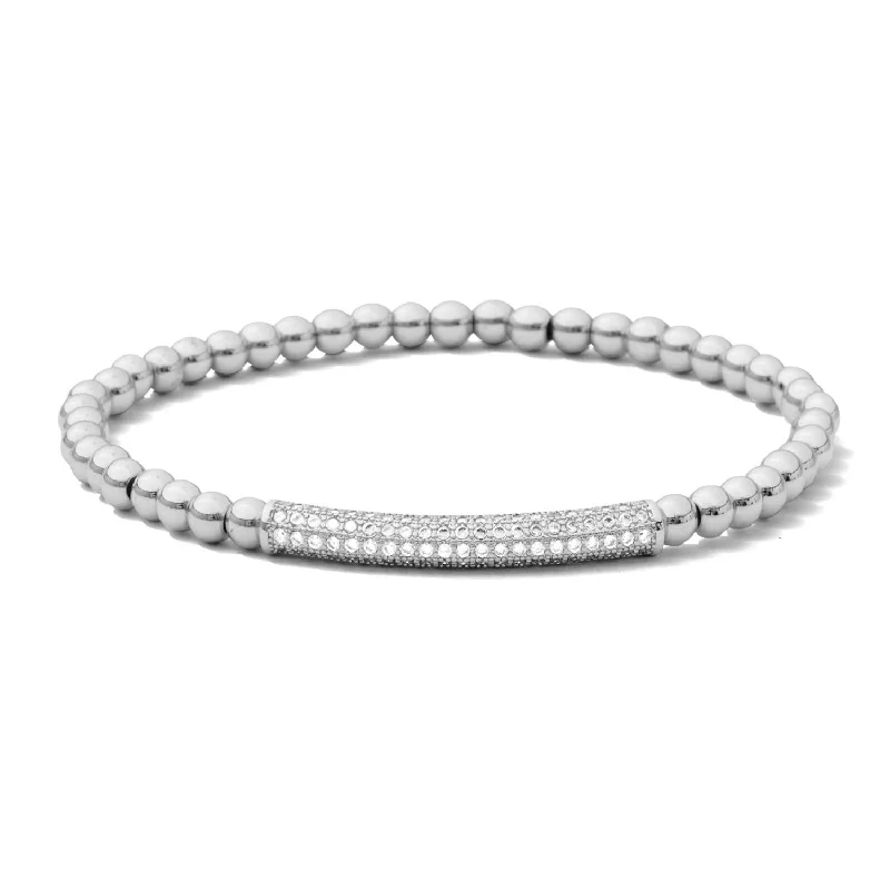 Bangles with raw sapphire for rugged chic -Curved Pave Bar Stretch Beaded Bracelet