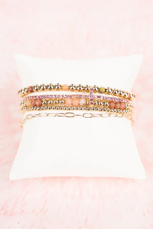 Bangles with raw citrine for sunny charm -Beatriz Brown Goldtone Beaded and Cross Bracelet Set