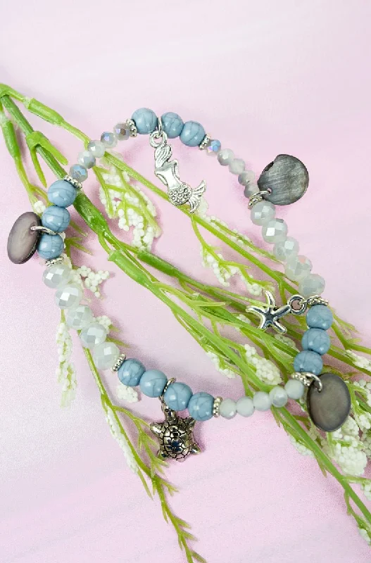 Bangles with bold hematite for metallic shine -SALE! Sea Life and Shell Disk Charm Blue Beaded Bracelet