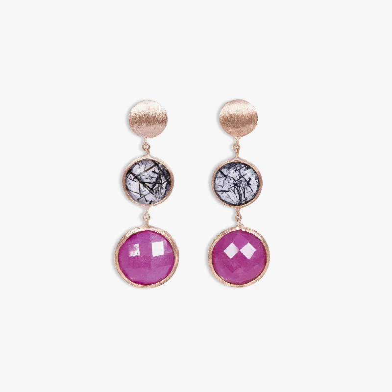 Drop Earrings with Infinity Symbols -Kensington Drop Earrings In 14K Satin Rose Gold with Black Rutilated Quartz and Ruby Root