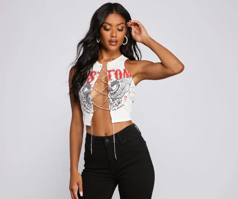 Seamless crop top for women with smooth finish and sleek look-Rock N'Glam Rhinestone Lace-Up Crop Top