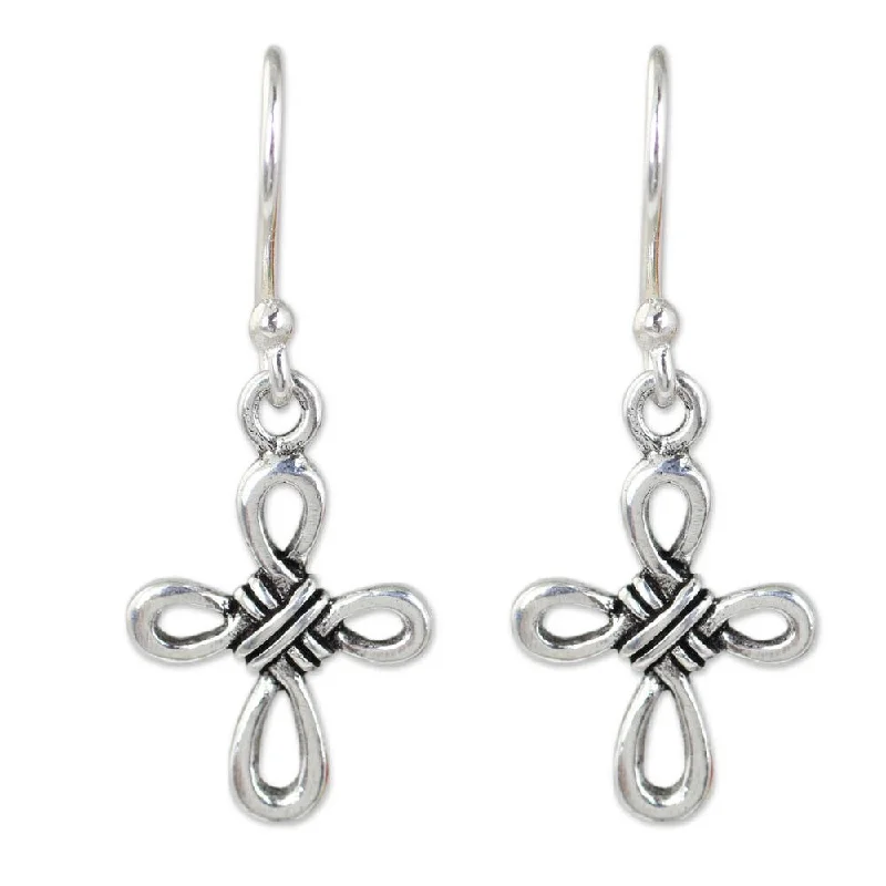 Screw Back Drop Earrings for Security -Handmade Sterling Silver 'Knotted Cross' Earrings (Thailand)