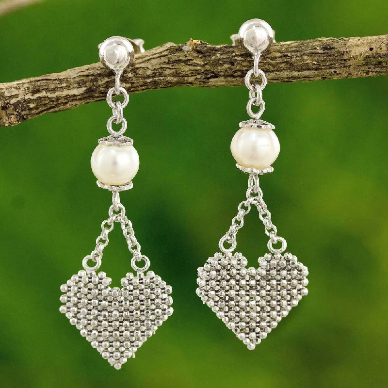 Drop Earrings for Shopping Trip -Handmade Sterling Silver 'Pure Heart' Pearl Earrings (6 mm) (Thailand) - 1.7L*0.6W