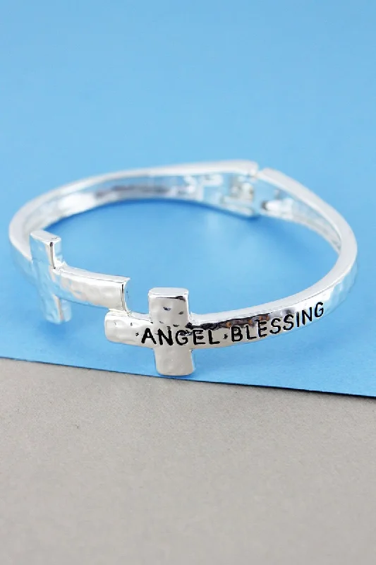 Bracelets with knot accents for symbolic charm -SALE! Hammered Silvertone Angel Blessing Double Cross Hinge Bracelet