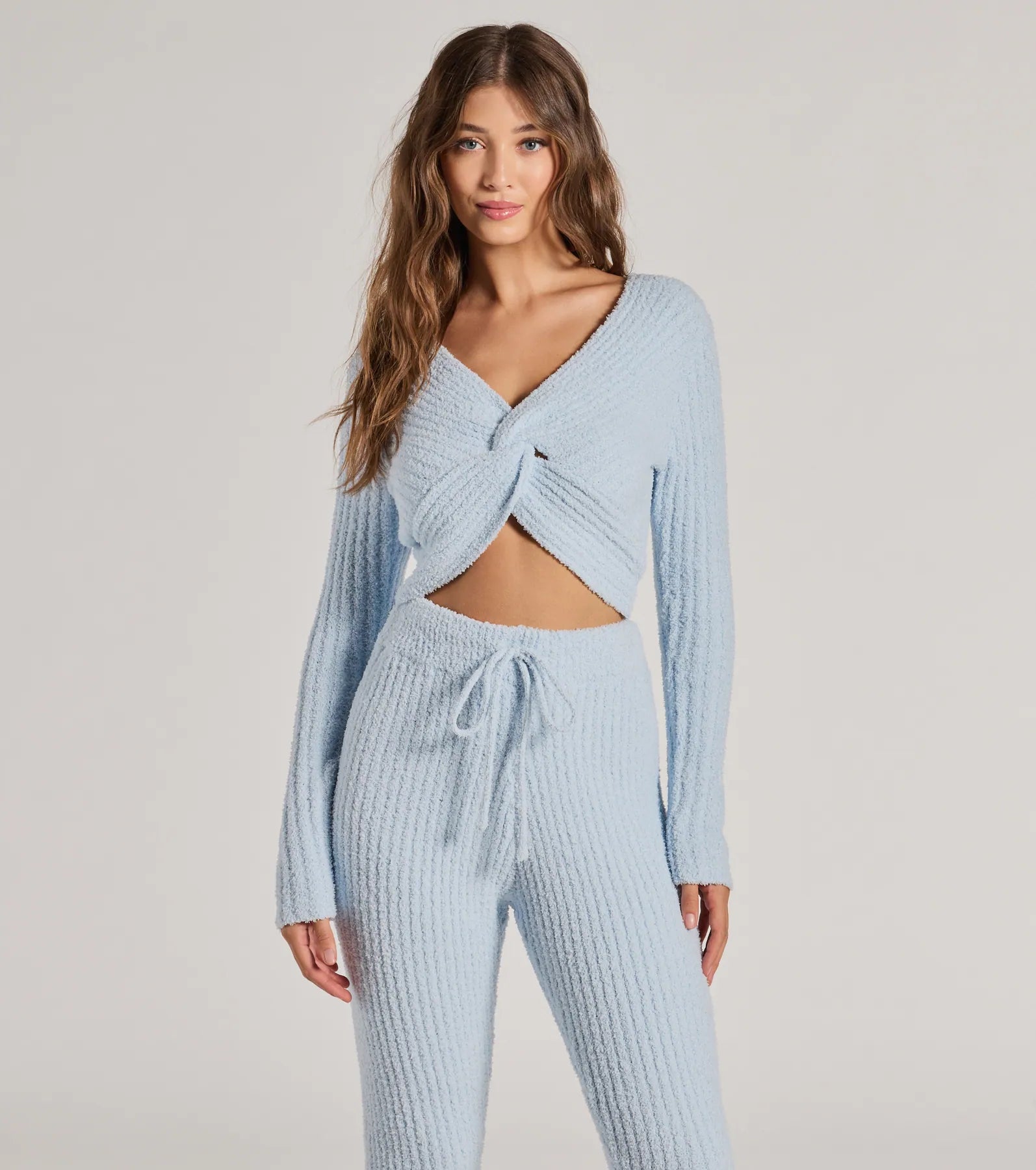 Cropped off-shoulder blouse for women with feminine details and elegant style-Cozy Life Chenille Knit Twist-Front Crop Top