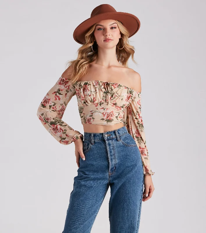 High-neck crop top for women with snug fit and casual chic look-Flawless Floral Mesh Tie Crop Top