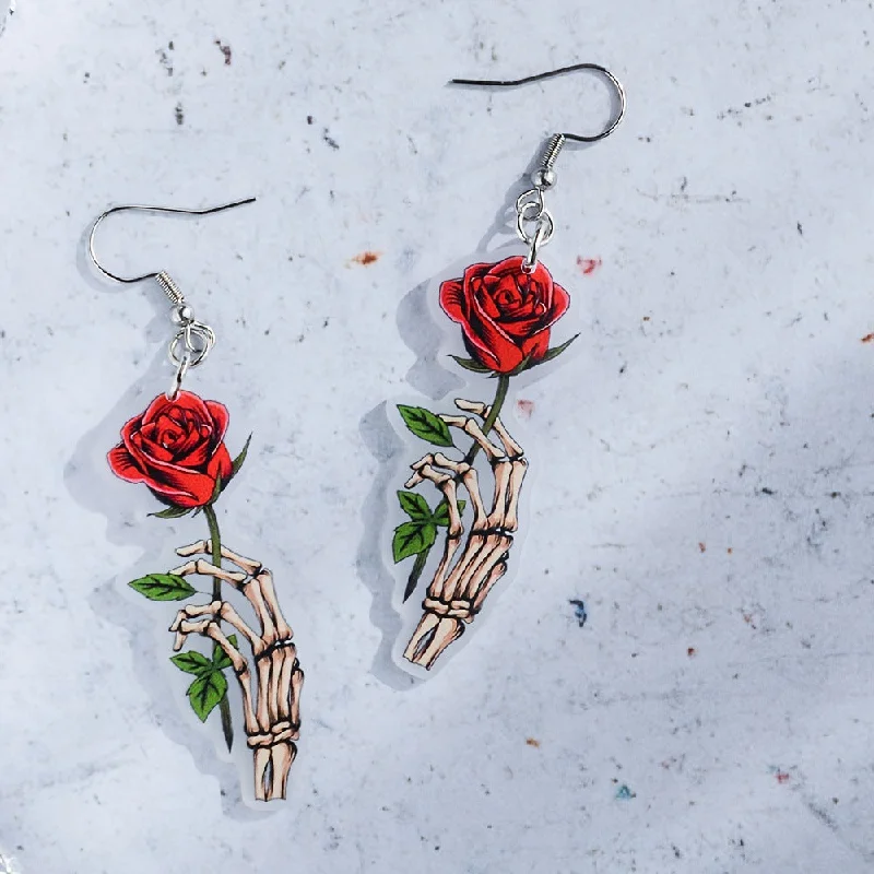 Drop Earrings for Prom Night -Wholesale Halloween Rose Skeleton Hand Earrings