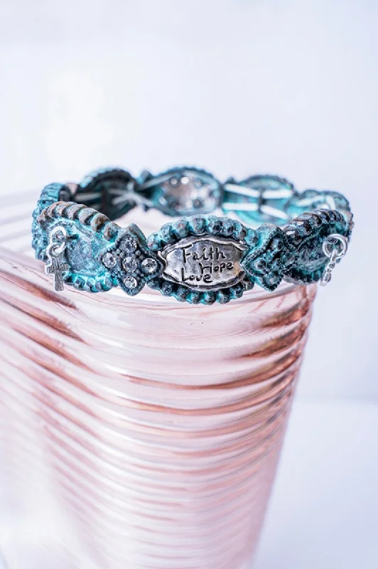 Bangles with personalized initial charm engravings -SALE! Patina and Silvertone 'Faith Hope Love' Stretch Bracelet