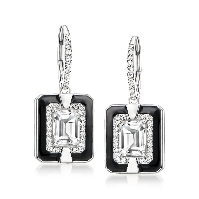 Drop Earrings with Abstract Designs -Ross-Simons White Topaz and Black Enamel Drop Earrings in Sterling Silver