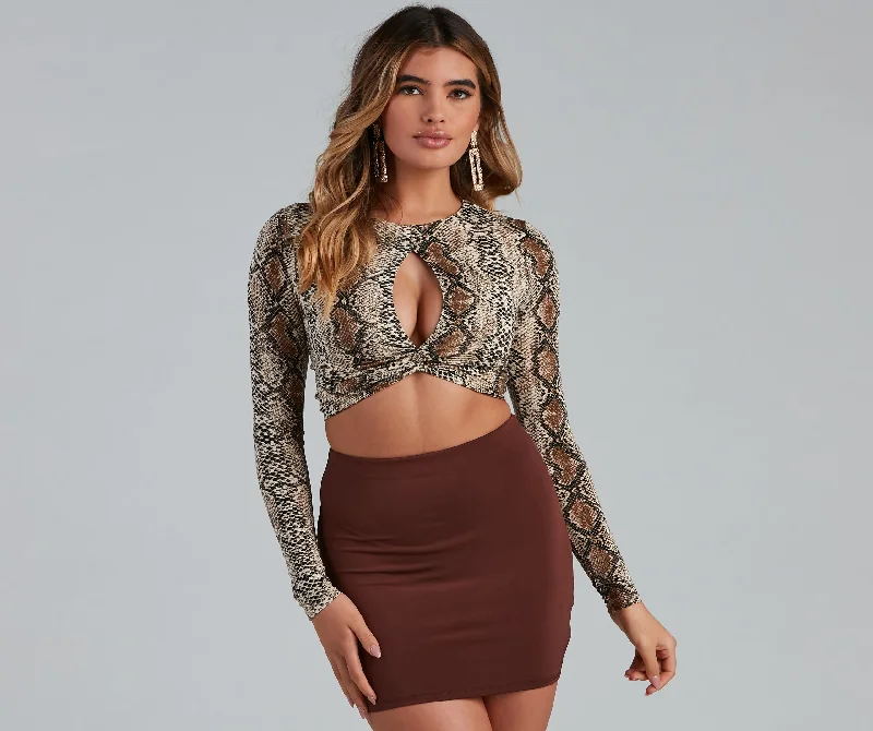 Off-shoulder crop top for women with flared sleeves and stylish neckline-Twist Of Fate Snake Print Crop Top