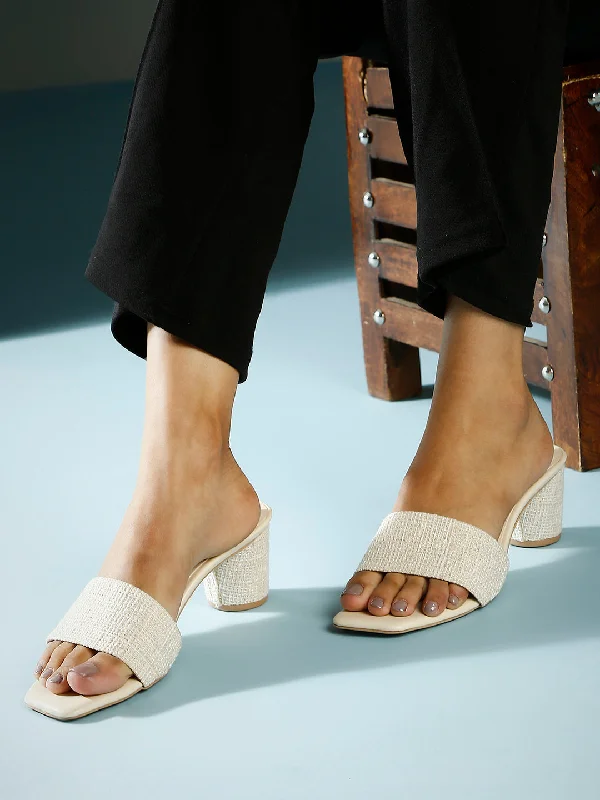 Casual sandals for women with flat soles and classic leather straps for style-Women Cream Textured Open Toe Block Heels