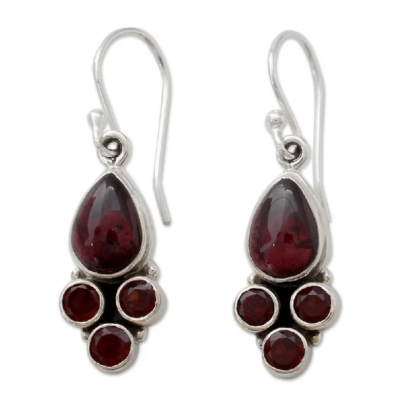 Large Drop Earrings for Statement -Handmade Sterling Silver Scarlet Meadow Garnet Earrings (India) - Red - 1.5*0.4