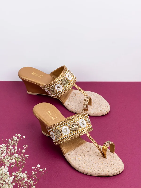 Elegant sandals for evening events with satin finish and embellished details-Womens Golden Ethnic Embellished One Toe Wedges Heels